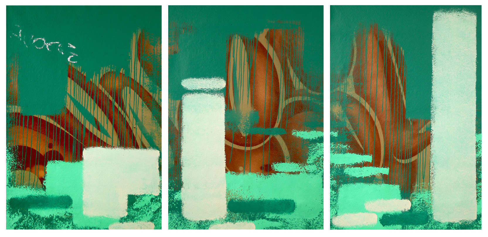 a green and brown triptych in spray paint on canvas