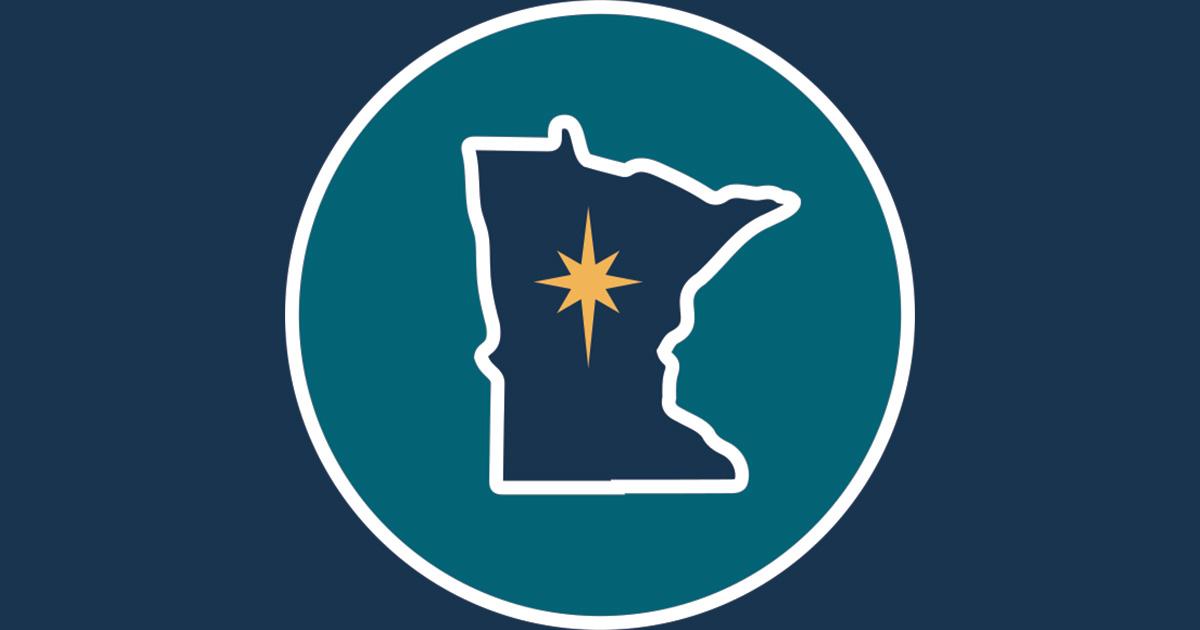 teal circle with a dark blue state of Minnesota with a good star inside, against a dark blue background