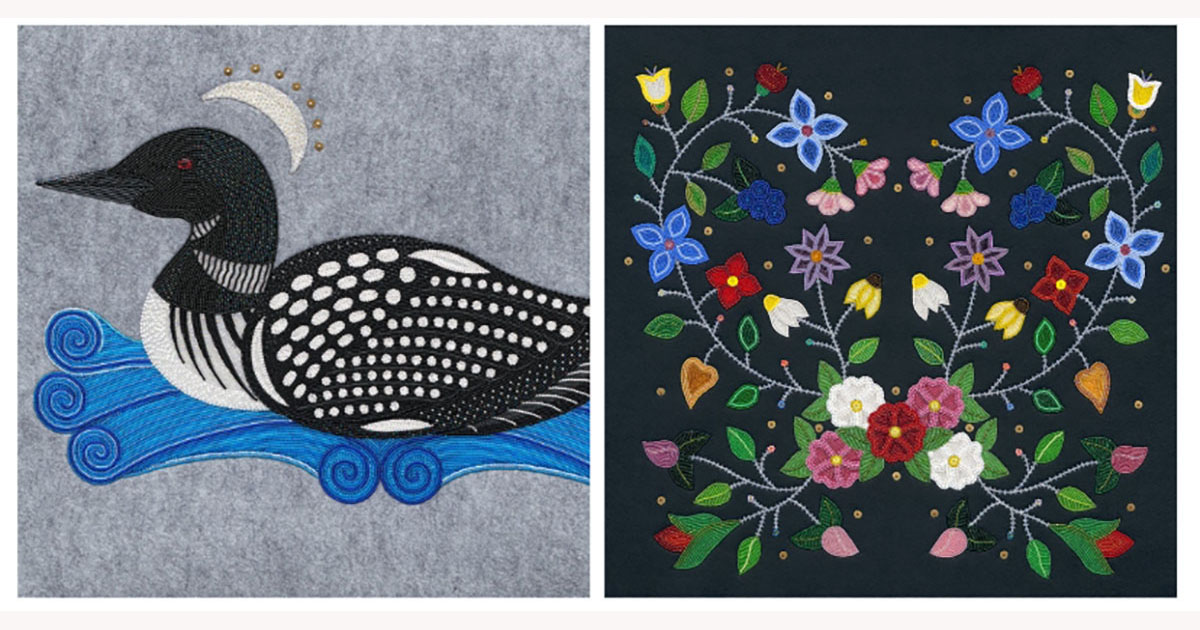 beadwork of a loon in a splash of blue water on a gray background next to a vibrant floral display against a black background