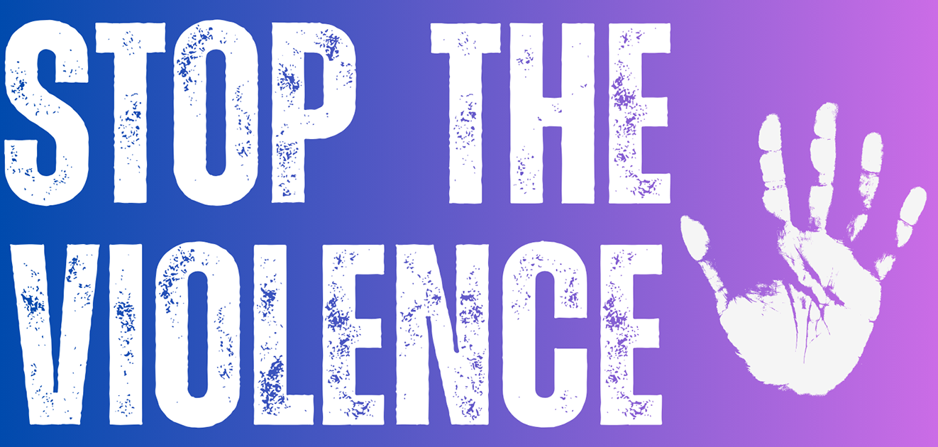 Stop the Violence and a handprint in white on a purple background