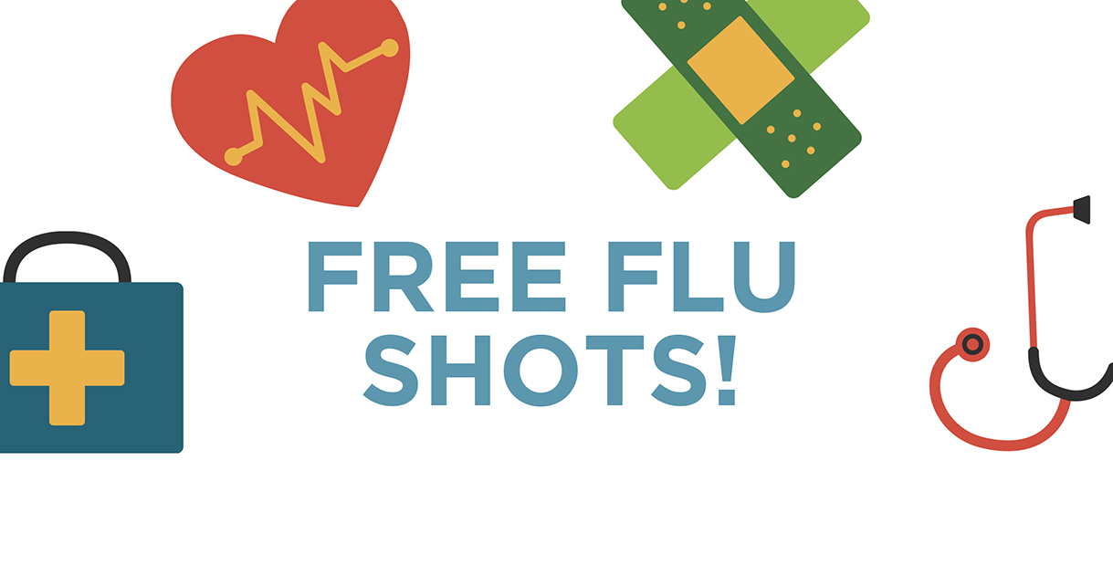 Free Flu Shots! surrounded by medical-style icons