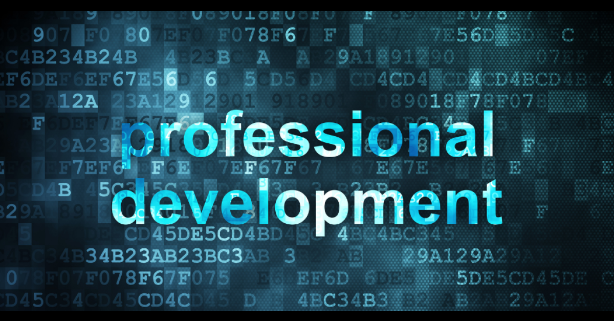 the words professional development superimposed over a blue and black background of simulated computer code