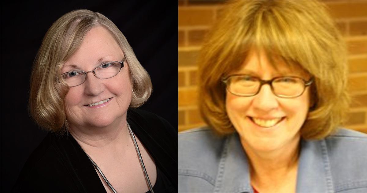 A woman posing for a portrait against a black backdrop, and a woman smiling and wearing glasses in front of a brick wall