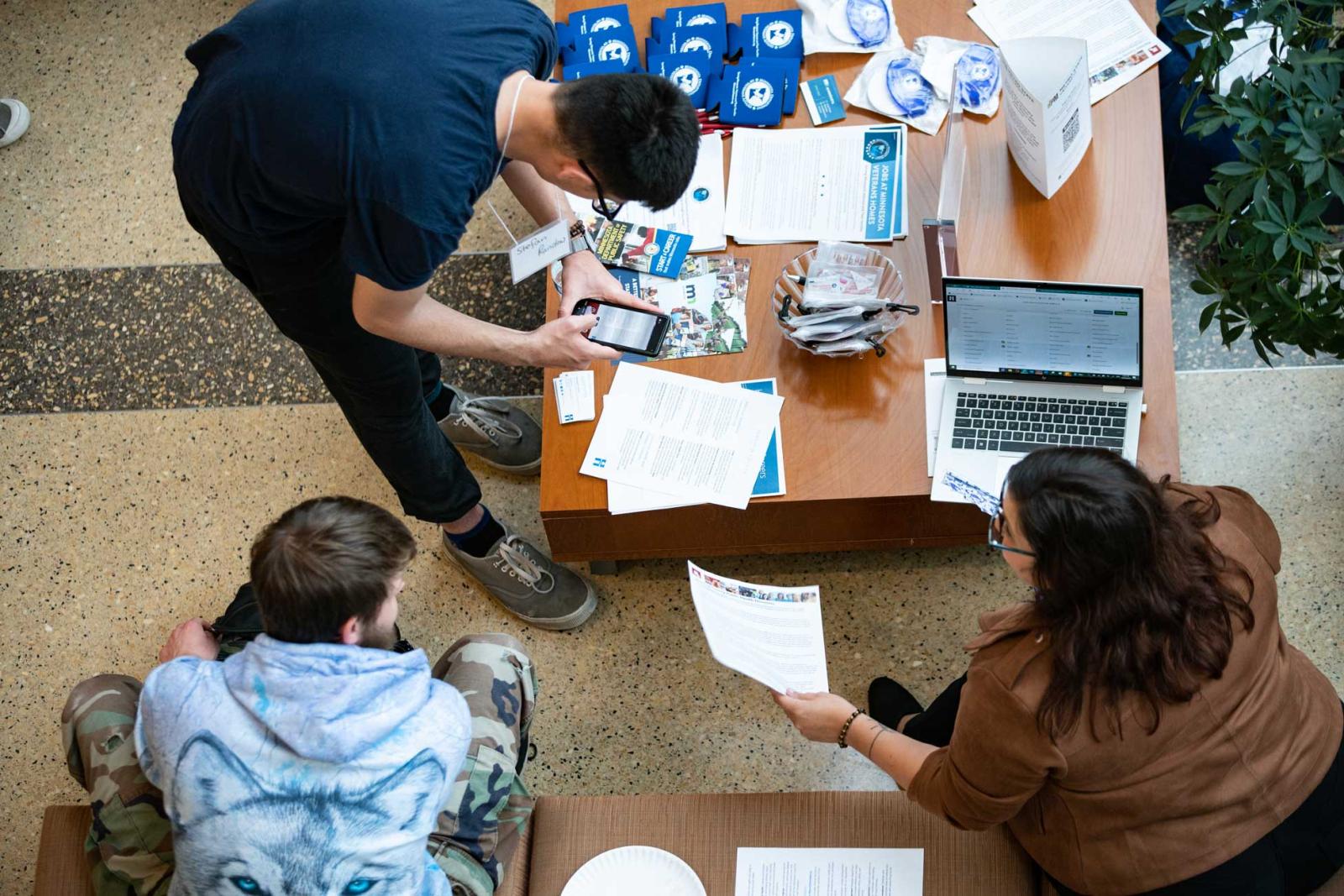 Aerial view of students participating in a career center event.