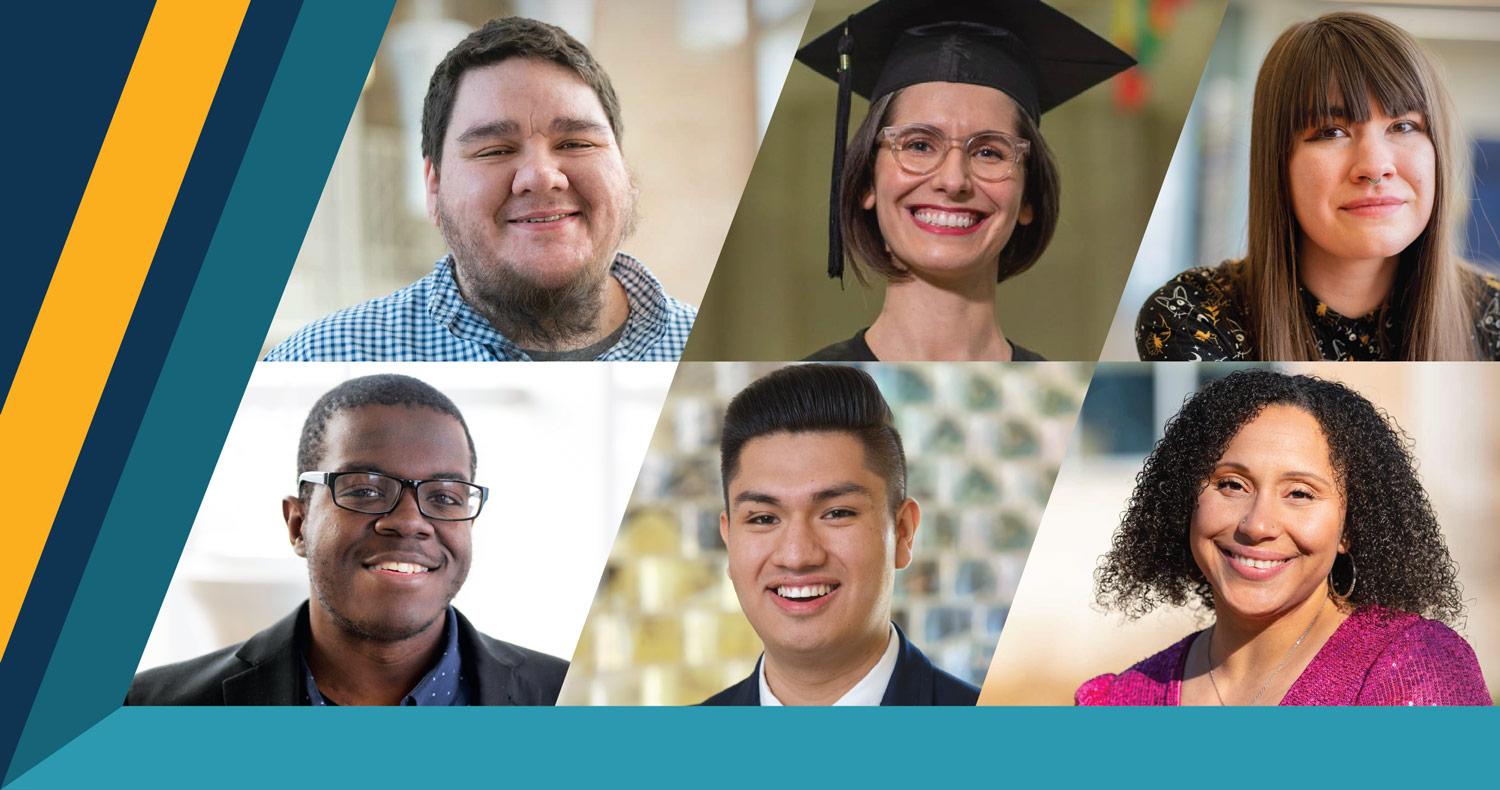 Six portraits of students with blue and gold diagonal bars bordering the left side