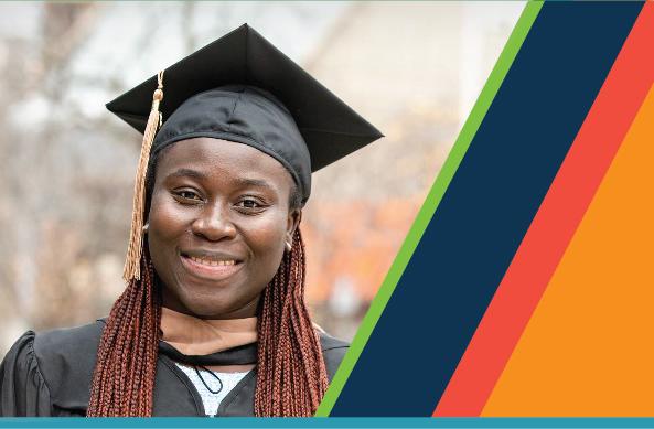 A person wearing a cap and gown posing in a portrait next to diagonal color stripes