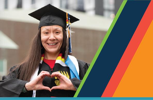  A person in cap and gown posing for a portrait next to diagonal color stripes