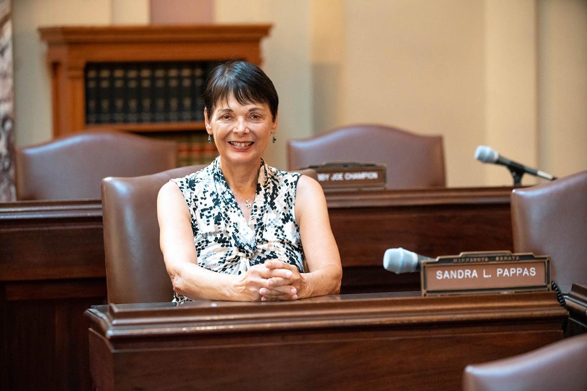 Senator Sandy Pappas sitting at her desk in the State Senate Chambers