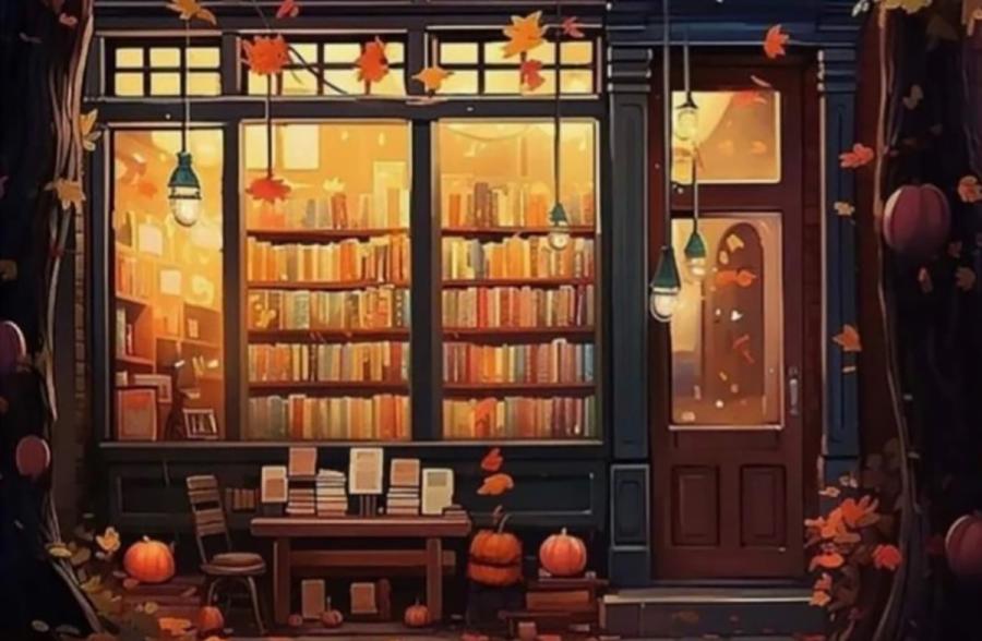 Illustration of a warmly lit bookstore seen from outside on a dark fall evening