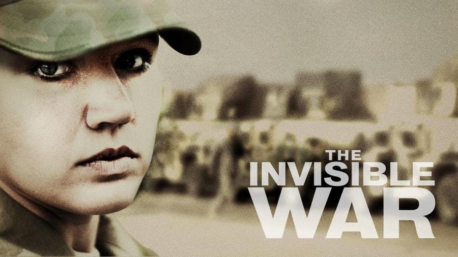 A person looking serious into the camera with the words "the Invisible War" superimposed over a blurry, khaki background